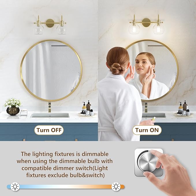 2-Light Gold Bathroom Light Fixture, Modern Bathroom Vanity Light Over Mirror Two Light Brushed Gold Vanity Lights for Wall Sconce Lighting, E26 Base,Gold