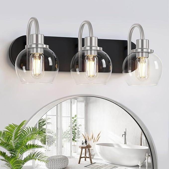 Dpyrrhic Modern 3-Light Vanity Light, Bathroom Lighting Fixture Over Mirror With Clear Glass Shade and Metal Base, Matte Black and Brushed Nickel