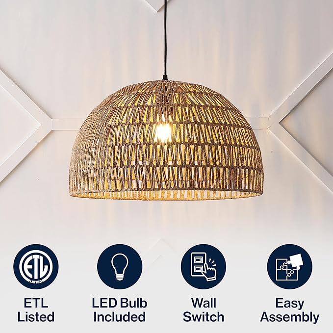 JONATHAN Y 20" Brown Modern Bohemian Woven Rope LED Pendant Light Fixture, Adjustable Dome Ceiling Lamp for Kitchen Island, Rope Shade, Coastal Farmhouse Decor (JYL6504F)
