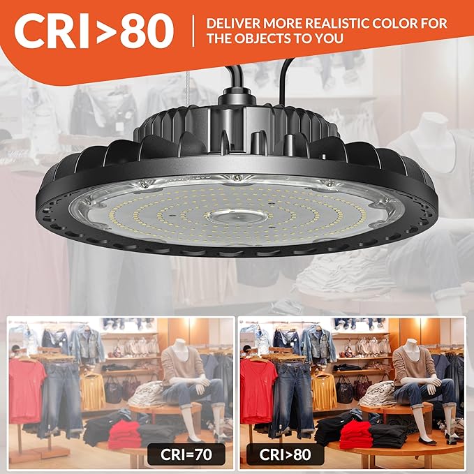 UFO LED High Bay Light 150W 21,000lm 5000K Aluminum LED Shop Lights with US Plug 5’ Cable Waterproof Commercial Bay Lighting Fixture for Warehouse Garage Workshop Factory