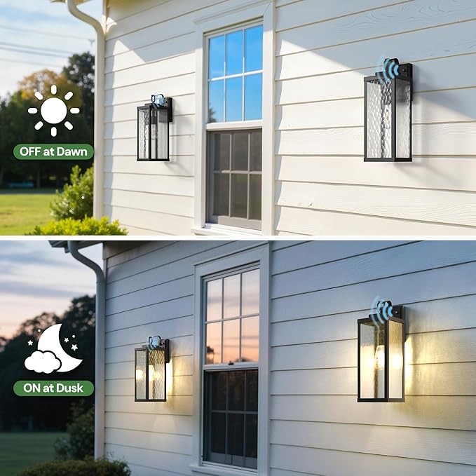 DORESshop Large Size Dusk to Dawn Outdoor Wall Lights, 16 Inch Matte Black Waterproof Anti-Rust Outdoor Light Fixtures Wall Mount with Water Ripple Glass Shade for Porch, Garage, ETL Listed, 2 Pack