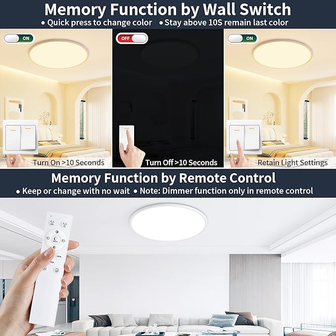 23 Inch Flush Mount Ceiling Light with Night Light, 54W 5400LM, Dimmable LED Ceiling Lights Fixture with Remote Control, 3000K/4000K/6500K Selectable, Slim Bright Bedroom Light Fixture, Round White