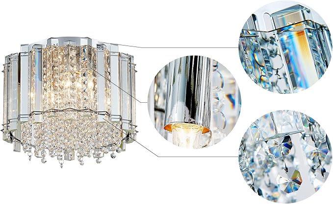 AGV LIGHTING CL026 K9 Crystal Ceiling Light Fixture, Flush Mount, Modern Design, D11 x H9.5, 4 x E12 Lights, Perfect for Living Room, Chrome Finish