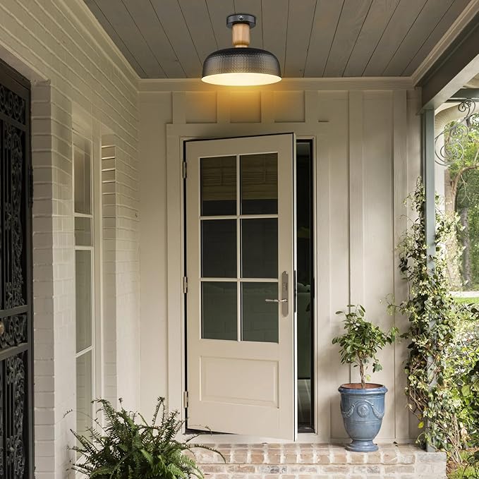 Darkaway Dusk to Dawn Industrial Semi Ceiling Light Fixtures, Flush Mount Indoor Outdoor Ceiling Light with Black Hammered Metal Shade Outdoor Porch Foyer Entryway