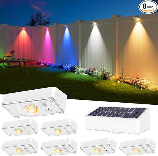 JOFIOS Solar Fence Lights Outdoor, 8 Pack, 50LM Ultra Bright, 3 Color Temperatures & RGB, IP65 Waterproof, Dusk-to-Dawn Solar Powered Fence Lights for Patio, Railing (White)