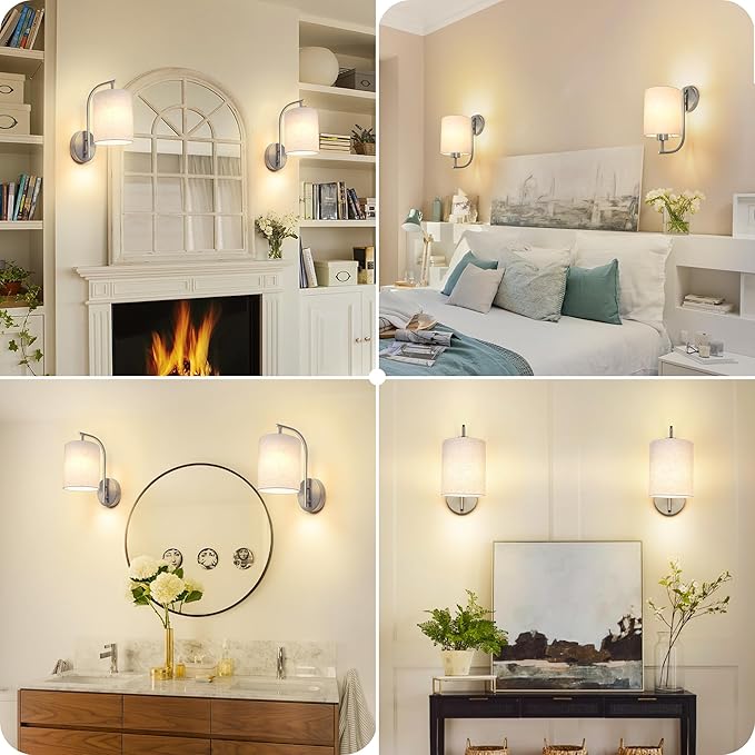 MATAMEYE Battery Operated Wall Sconce Set of 2, Brushed Nickel Rechargeable Dimmable Wall Light Fixture Remote, 12 RGB Colors & Timer, Wireless Lamp White Shade