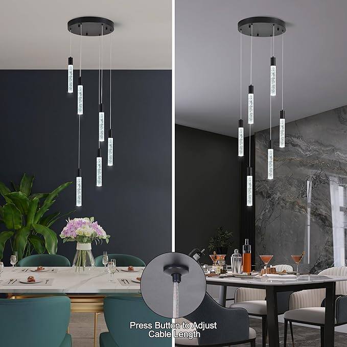 6-Light Matte Black Integrated Crystal Pendant Chandelier,Dimmable LED Ceiling Light with Adjustable Height for Kitchen Island, Dining Room & Bedroom 3000K -6000K