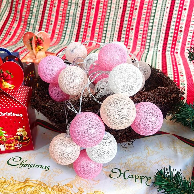 Gardeningwill 3M/10Ft 30 Pink White Ball LED Xmas Wedding Battery Operated String Fairy Light