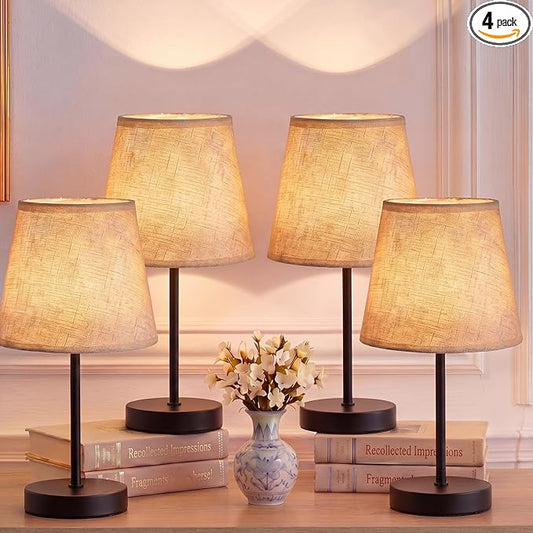 Gerrii 4 Pcs Small Bedside Table Lamp, Wooden Bedroom Tiny Lamp with Linen Shade, Mini Desk Night Light for Bedroom, Living Room, Kids Room Kitchen Counter(Black)