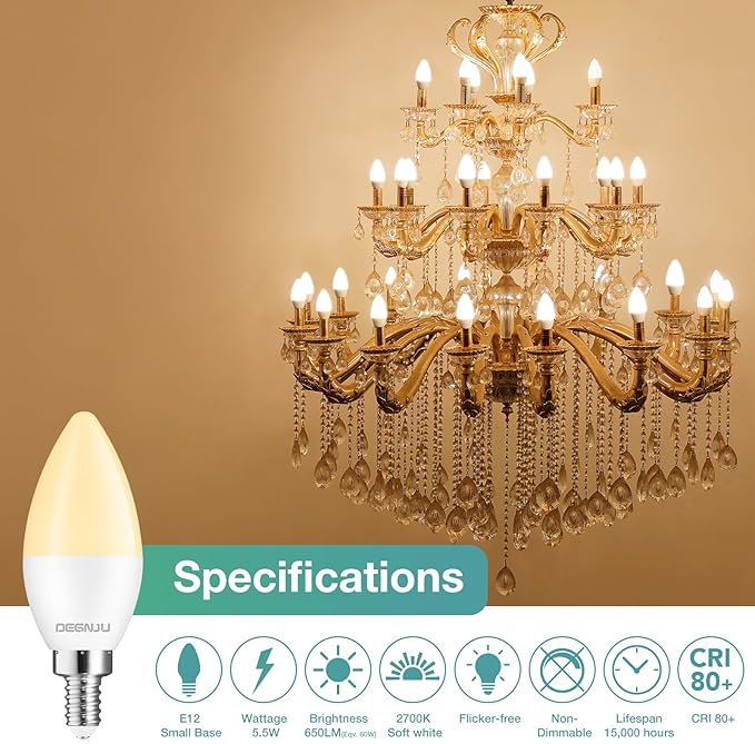 DEGNJU 40 Pack LED Candelabra Light Bulbs 60W Equivalent, Chandelier Light Bulbs Soft White 2700K, E12 LED Bulb, Type B Light Bulb 5.5W, Candelabra Base, 120V, B11 Candle Light Bulb, Non-Dimmable