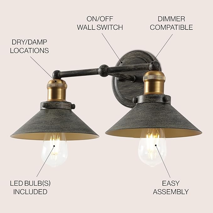 JONATHAN Y 17.5" Rustic Dark Gray/Brass Gold 2-Light Industrial Farmhouse Metal Vanity Light Wall Sconce, Metal Shade for Bathroom Mirror, Kitchen, Entryway, LED Bulb Included (JYL7427D)