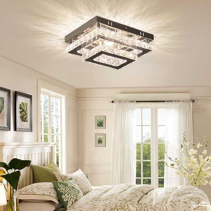 Dimmable Crystal LED Flush Mount Ceiling Light, 11.8"×9.1" Rectangular Close to Ceiling Chandelier, 24W K9 Crystal & Stainless Steel, Remote & App Control, 2700–6500K CCT for Bedroom Living Room