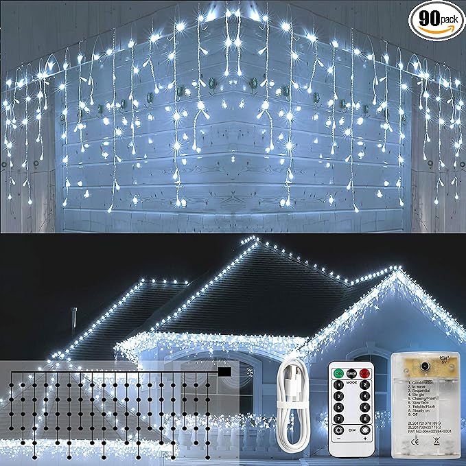 Icicle Lights 10ft 90 LED Window Short Curtain String Light Waterproof Fairy Twinkle Lights for Indoor Outdoor Home Garden Wall Decorations RC 8 Blinking Modes USB Battery Operated （White）