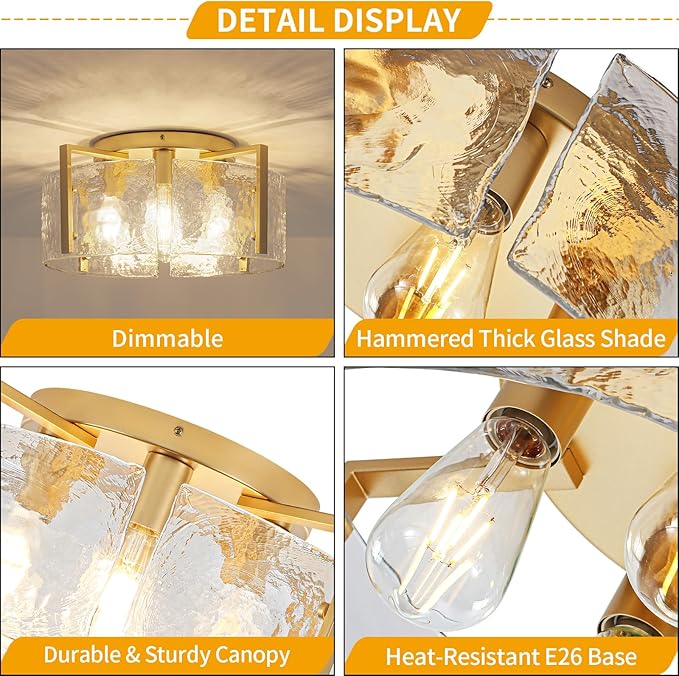 18.5'' Modern Gold Semi Flush Mount Ceiling Light, 4-Light Glass Drum Light Fixtures, Ceiling Lights for Hallway Foyer Entryway Bedroom Kitchen Island Dining Room Living Room Bathroom Lighting Fixture