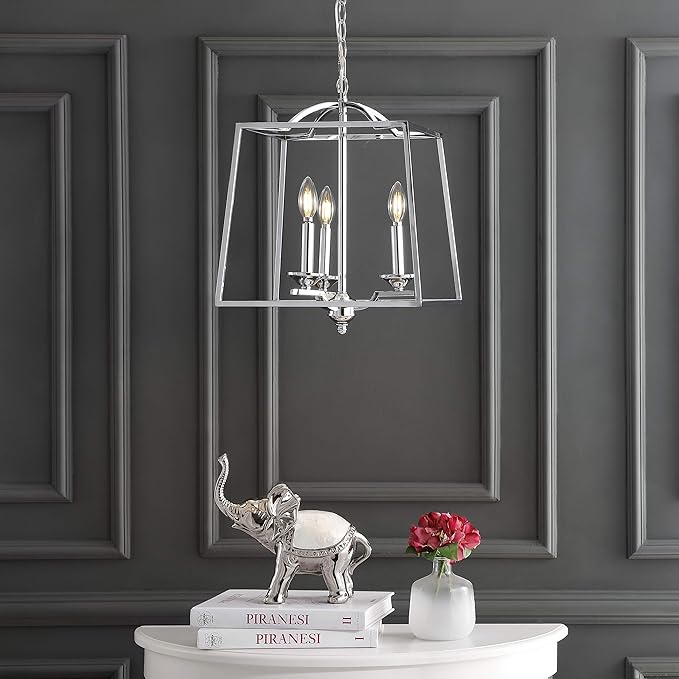 JONATHAN Y 14.5" Chrome 3-Light Metal Lantern Pendant Light, Adjustable LED Hanging Ceiling Fixture for Kitchen Island, Foyer, Entryway and Dining Room, ETL Listed JYL7410A