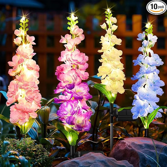 KOOPER Solar Lights Outdoor Garden Decor, 10 Pack Upgraded Delphinium Solar Garden Lights with 90 LEDs, Vivid Flowers Outdoor Waterproof for Landscape Patio Yard Decor