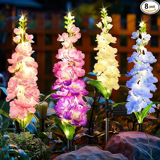 KOOPER Solar Lights Outdoor Garden Decor, 8 Pack Upgraded Delphinium Solar Garden Lights with 72 LEDs, Vivid Flowers Outdoor Waterproof for Landscape Patio Yard Decor