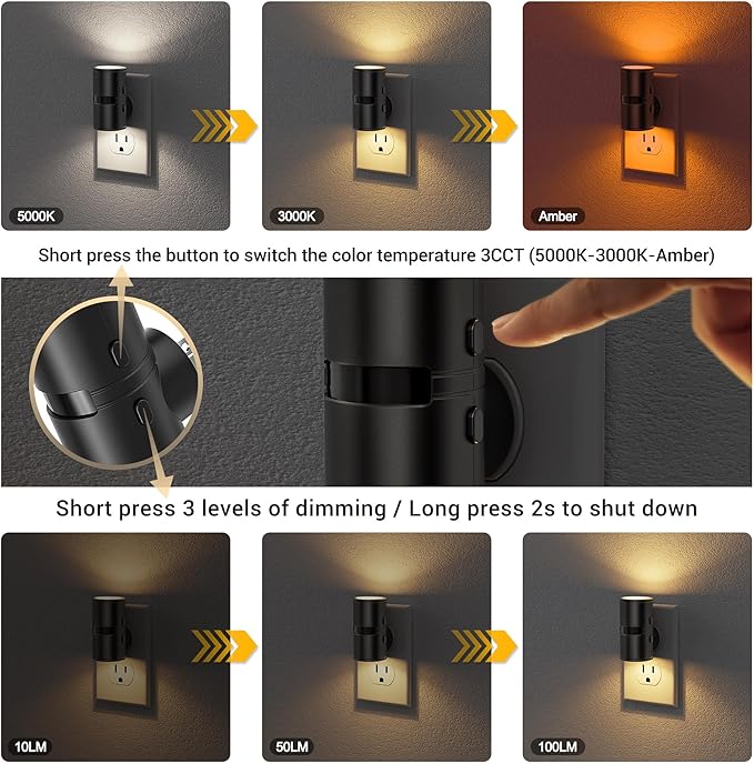 JandCase Motion Night Light, Rotating Night Lights Plug into Wall, 3 Colors 3000K-5000K-Amber, Dusk to Dawn & Motion Sensor, 3 Level Brightness Nightlight for Bathroom Bedroom Hallway [2 Pack]