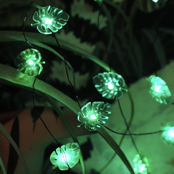 MIYA LIFE Summer Tropical Leaf Lights for Bedroom Battery - Operated Fairy Lights with Remote - Tropical Monstera Green Decor Acrylic Monstera Leaf Decor for Summer Party Home