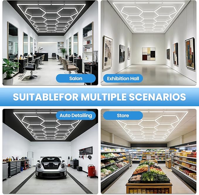 Hexagon Garage Light with Rectangular Frame, 539W 6500K High Brightness LED Shop Light, 14-Pack Design for Garage, Workshop, Basement, Car Detailing