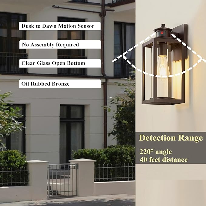 MICSIU Bronze Motion Sensor Exterior Wall Light 2 Pack, Waterproof Dusk to Dawn Outdoor Lighting with Clear Glass, 13 Inch Outside Porch Light for House, Front Porch, Garage, Walkway