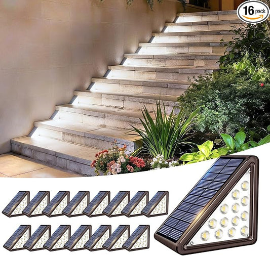 JEJOT Solar Step Lights Outdoor Waterproof IP65,Cool White Brown Solar Stair Lights, Outdoor Light Decor for Stair, Deck, Step, Porch and Outside Patio, 16 Pack