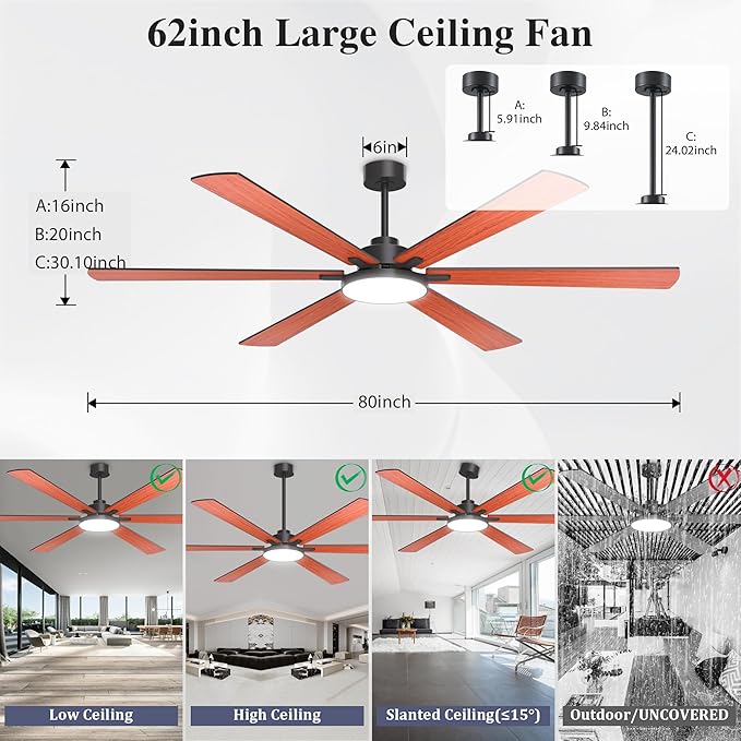 80 inch Ceiling Fans with Lights and Remote Control,Indoor/Outdoor Flush Mount Low Profile Commercial Reversible Dimmable Wood Grain Ceiling Fans for Living Room Patio Industrial Shop.