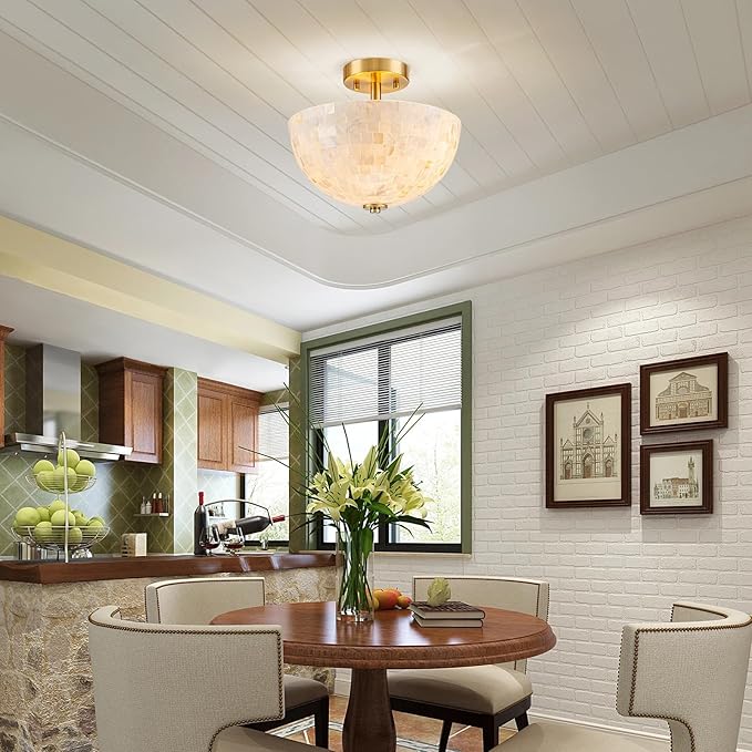 D12 inch Modern Capiz Shell Ceiling Light, 2-Light Coastal Design Semi-Flushmount Light Fixture for Dining Room, Hallway, Bedroom, D12xH10 inch, Shell Lampshade & Gold Finish Frame