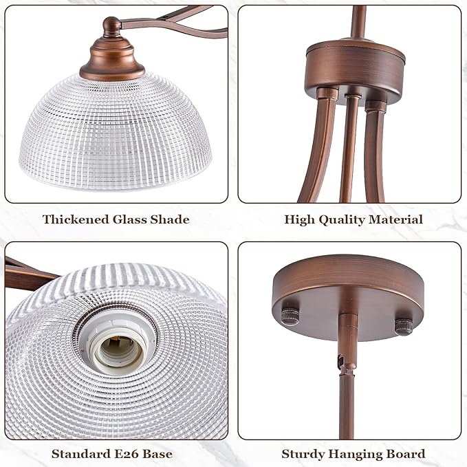 3-Light Oil Rubbed Bronze Pendant Light for Kitchen Island Antique Dome Hanging Light Fixture Brushed Bronze Dinner Room Light with Crystal Glass Adjustable Pendant Lamp for Bedroom Hallway Entryway