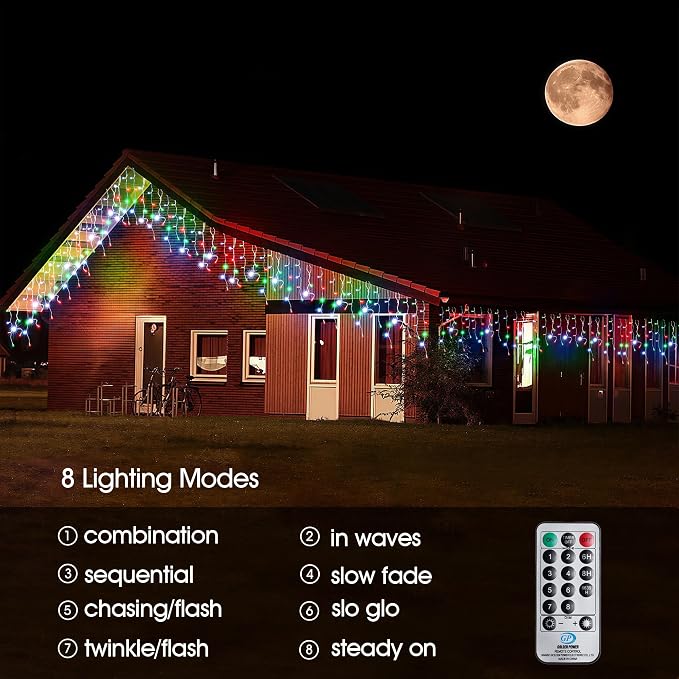 WBao Christmas Lights Outdoor, 432 LED 33FT Icicle Lights with 81 Drops, Remote Control, 3 Timer Settings, 8 Modes, Waterproof, Connectable Fairy Lights for Holiday Party Eaves Decor, Red Green White