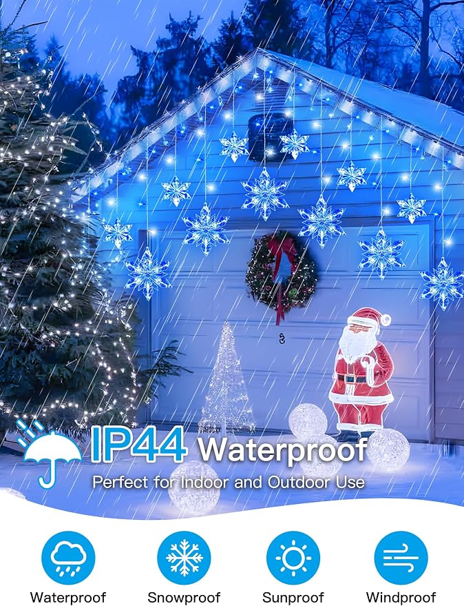 Christmas Snowflake Lights,8.2ft 144LED Curtain Icicle Lights with 12 Drops,Connectable 8 Modes Timer Xmas Icicle Light Plug in for Bedroom,Window,Wedding,Indoor Outdoor Decor,Blue White
