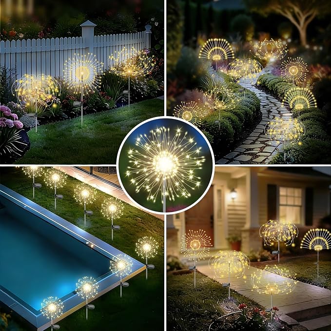 Solar Garden Lights Outdoor, 4 Pack 120 LED Twinkling Firework Lights Decorative with 2 Modes, Outdoor Waterproof Solar Starburst Light for Yard Pathway Planter Patio Decor, Warm White
