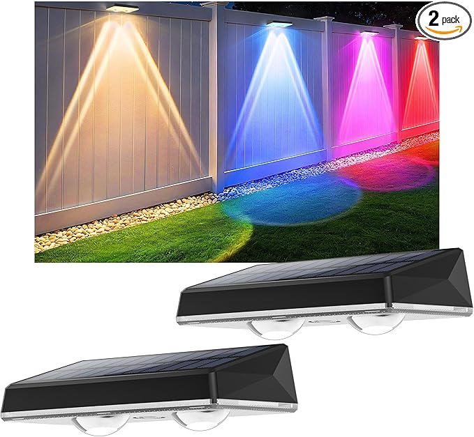 Solar Fence Lights Outdoor - 2 Pack RGB Fence Lights Solar Powered, 7 Color Modes & Warm White, IP67 Waterproof Dusk to Dawn Solar Powered Lights 12+ Hours for Fence/Backyard/Wall/Step/Patio/Deck