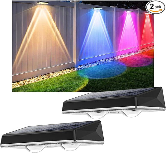 Solar Fence Lights Outdoor - 2 Pack RGB Fence Lights Solar Powered, 7 Color Modes & Warm White, IP67 Waterproof Dusk to Dawn Solar Powered Lights 12+ Hours for Fence/Backyard/Wall/Step/Patio/Deck