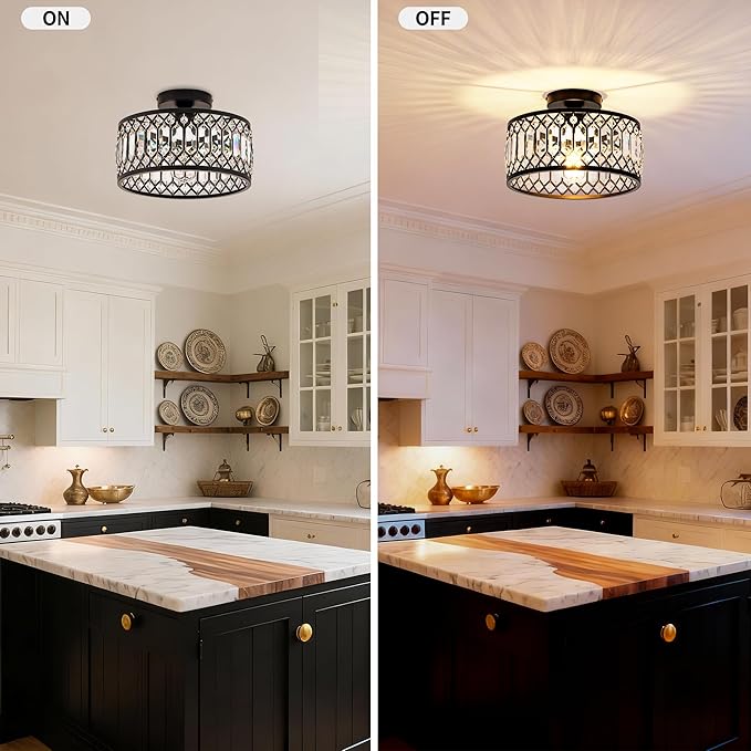 Mayful Modern Crystal Ceiling Light,Black Seim Flush Mount Lighting Fixtures,Round Hallway Light Fixtures for Entryway Bedroom Kitchen Laundry Room,11 Inch