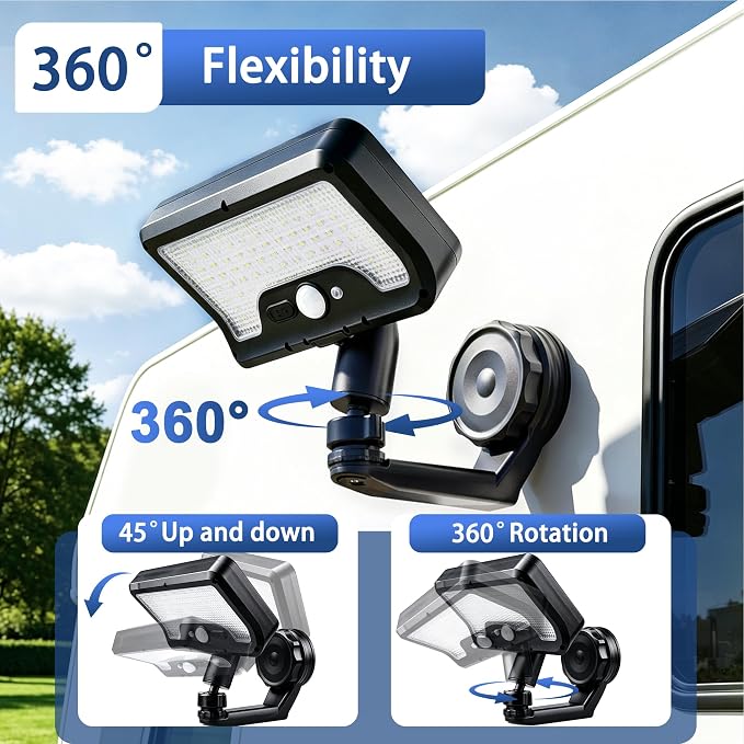 Akynite Magnetic Solar Lights Outdoor, 92LED 600LM Solar Security Light with Motion Sensor, IP65 Waterproof RV Exterior Lights with 4 Lighting Modes USB Charge for Deck Patio Camper Exterior Wall