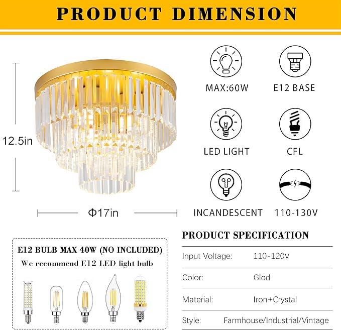 17" Flush Mount Crystal Chandelier 4-Lights Gold Crystal Ceiling Light 3-Tier Luxury K9 Dining Room Light Semi-Flush Ceiling Light for Bedroom Living Room Entryway Kitchen Island Hallway