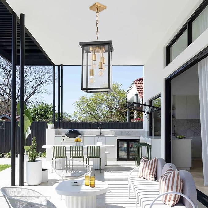 LOUSACE 16.7'' Outdoor Pendant Light for Porch, 4-Light Large Exterior Pendant Porch Lights with Clear Glass, Black & Brushed Brass Outdoor Chandelier Exterior Haninging Light Fixtures for Entrance