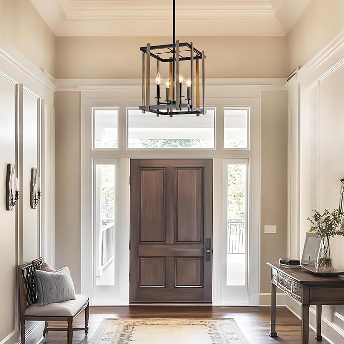 4-Light Farmhouse Chandelier Faux Wood Chandeliers Dining Room Light Fixture Adjustable Rustic Cage Pendant Light Fixtures for Kitchen Island Entryway Bedroom