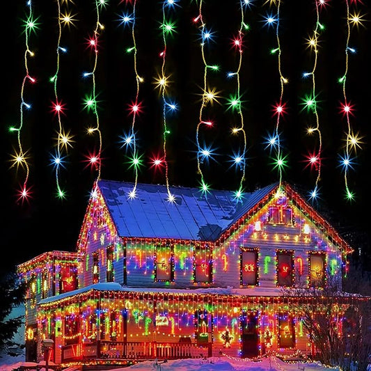 kemooie 400 LED Outdoor Curtain Lights, 26.2FT x 3.3FT Connectable 8 Lighting Modes for Christmas Decorations Bedroom Wall Party Garden Decorations (Multicolor)