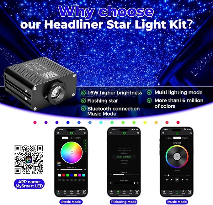 Headliner Star Light Kit, 600pcs Starlight Headliner Kit, 0.03in 9.8ft Fiber Optic Ceiling Lights, APP/RGBW Remote Control, for Home Theater, Car, Bedroom