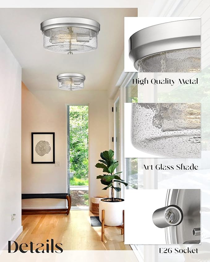 CALDION 12inch Flush Mount Ceiling Light, Close to Ceiling Light Fixtures, Brushed Nickel Finish with Handmade Seeded Smoky Art Glass Shade for Living Bedroom Room Hallway