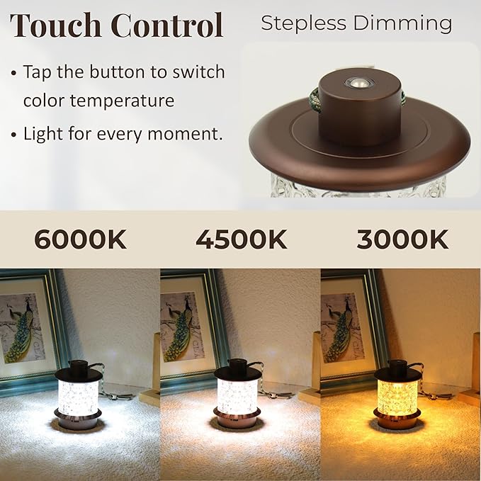 HAPYGI Portable Lantern Table Lamp - Dimmable Cordless Night Light with 3 Color Temperatures, Rechargeable Metal & Glass Outdoor Indoor Lamp for Patio Bedroom Bathroom Decor (Coffee)