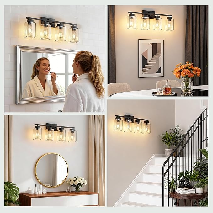 PARTPHONER 4-Light Bathroom Light Fixtures, Matte Black Modern Vanity Lights, Bathroom Lighting Fixtures Over Mirror, Square Design Farmhouse Wall Sconces with Clear Glass Shades