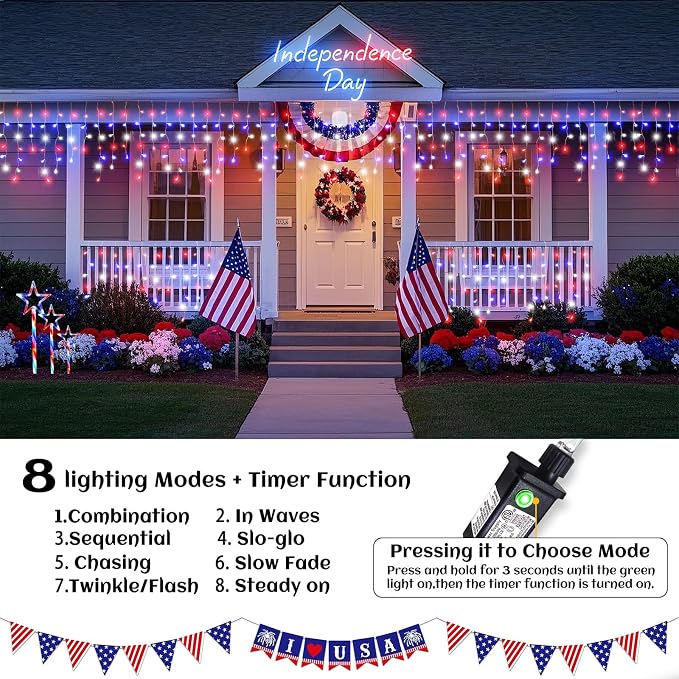 Red White and Blue Icicle Lights for Outside, 4th of July Decorations Independence Day Patriotic Lights, 33ft 400 LED with 75 Drops Clear Wire Connectable for Memorial Day Party Holiday