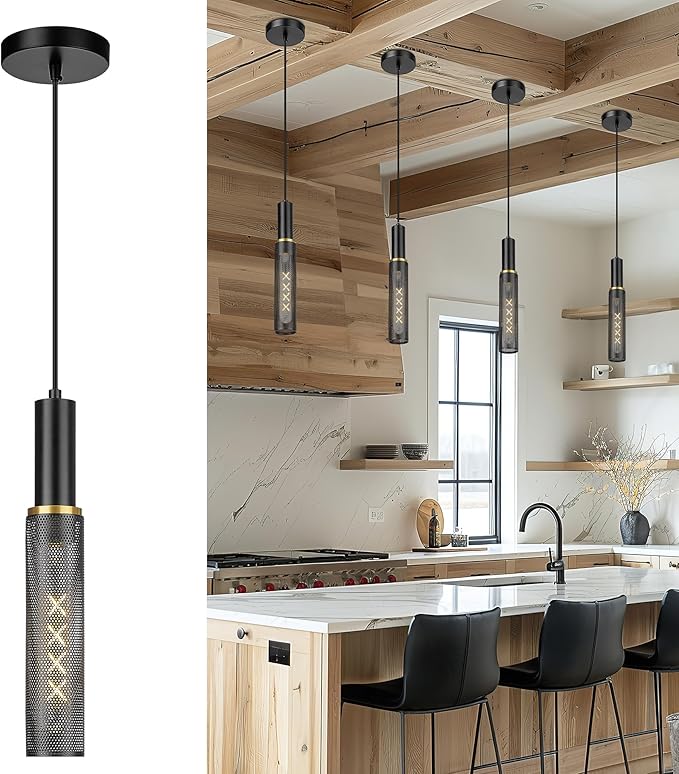 AUTELO Black Pendant Lights Kitchen Island, Farmhouse Mesh Pendant Lights in Black and Gold Finish, 1-Light Hanging Lamp in Metal Frame, Pendant Light Fixture for Kitchen Island Dining Room, H3898 BK