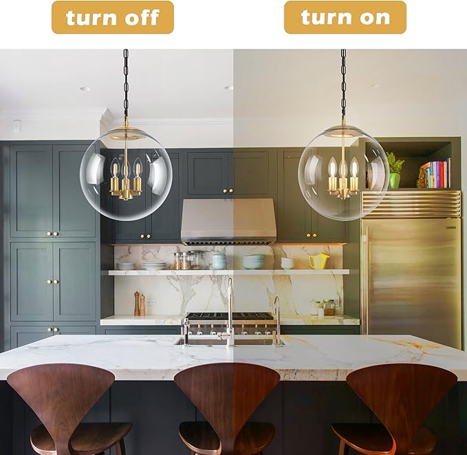 KoKo&Yukina 14" Gold Globe Pendant Light Mid Century Pendant Light Clear Glass Pendant Lights Kitchen Island Adjustable Hanging Light Fixture for Dining Room Bedroom Kitchen Island