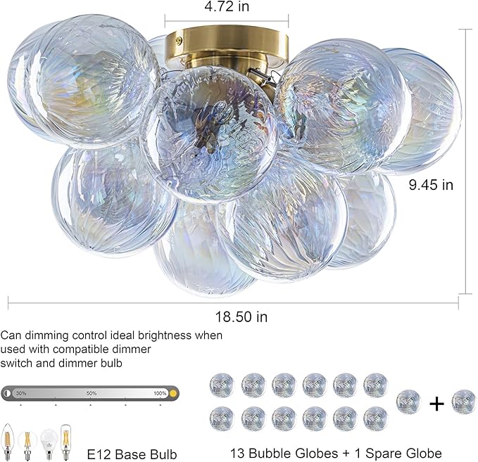 Semi Flush Mount Ceiling Light 18.5"-Glass Bubble Chandelier Lighting Modern Hallway Light Fixtures Brushed Gold with 13 Swirled Colorful Globe for Dining Room Kitchen Bathroom Entryway Bedroom