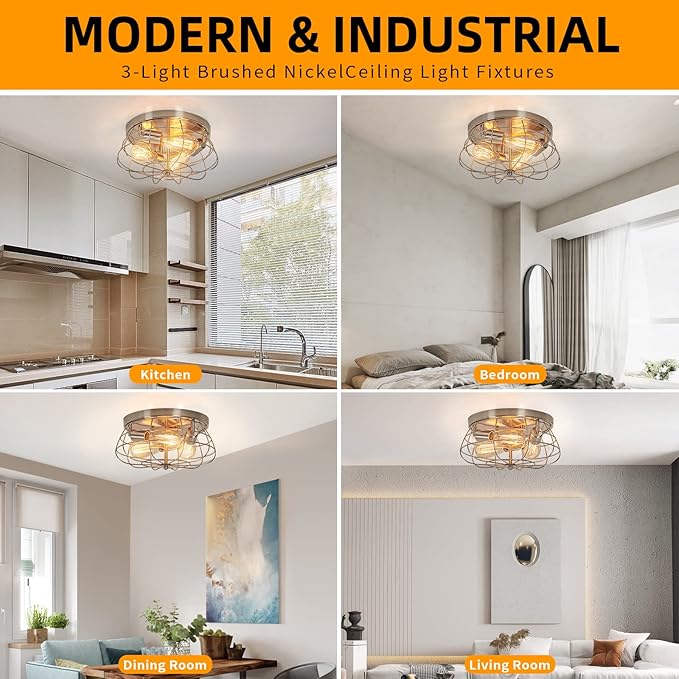 Flush Mount Ceiling Light Brushed Nickel Ceiling Light Fixture 3-Light Modern Flush Mount Ceiling Light Metal Cage Kitchen Ceiling Light Fixtures for Bedroom, Living Room, Hallway Foyer