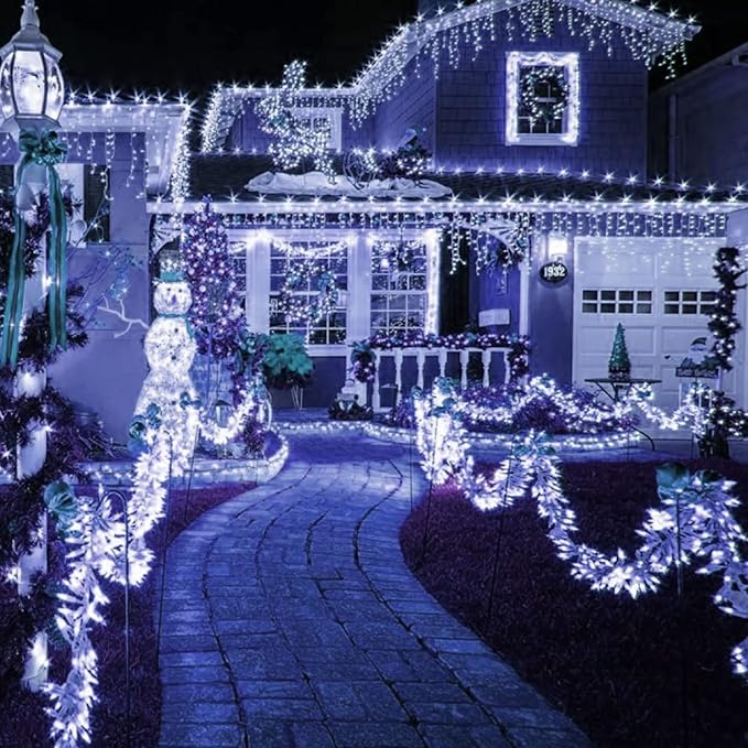 TW SHINE White Christmas Lights, Total 400 LED 132FT Outdoor Christmas Lights Plug in with 8 Modes, Waterproof Light Outdoor Green Wire, Indoor Xmas Decorations for Party Yard House Decor